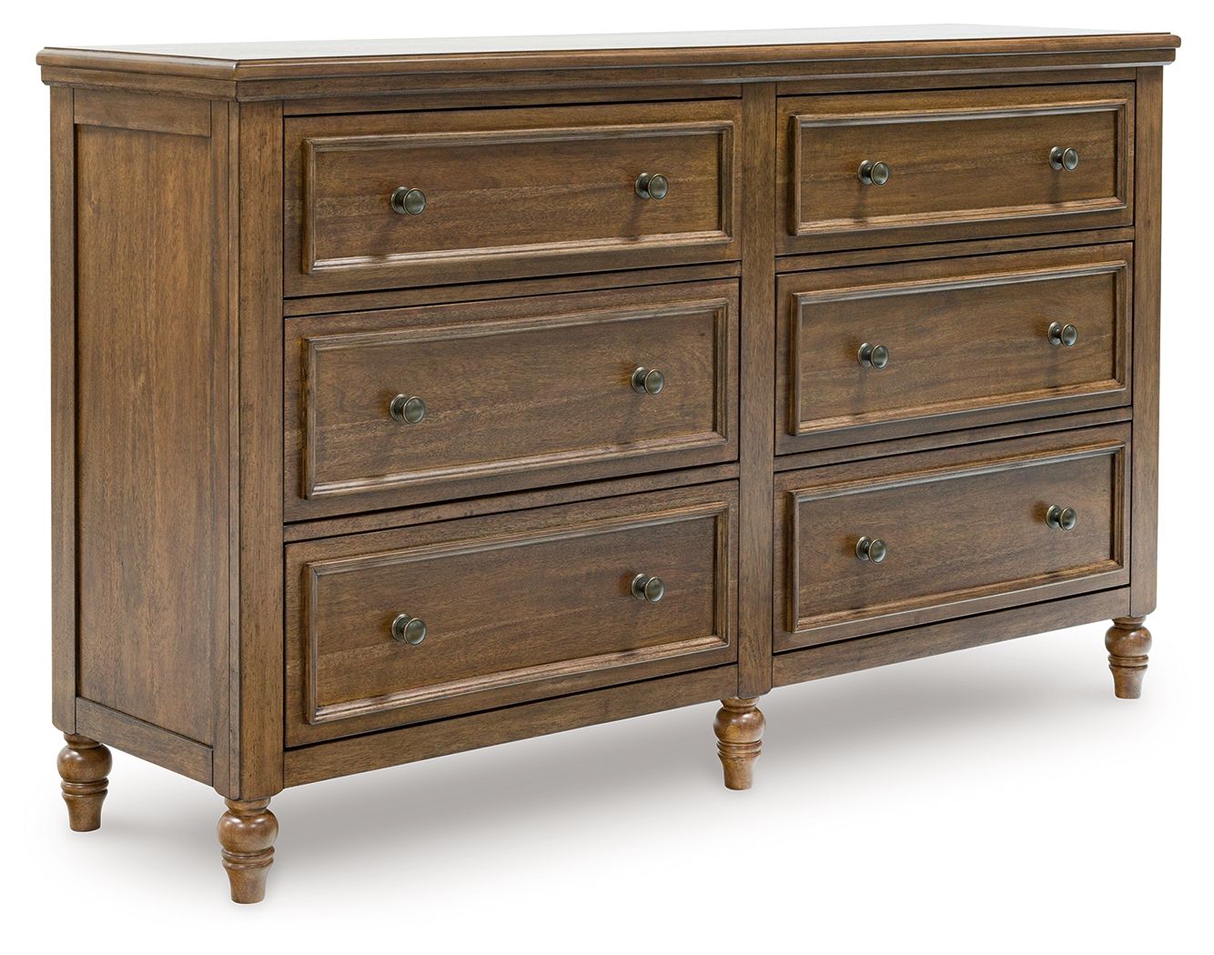 Dark brown dresser with six drawers and metal knob pulls on wood panels