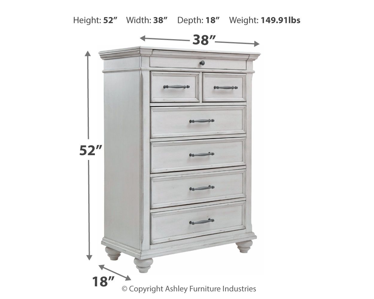 Whitewash dresser chest with dimensions shown: 52 in height, 38 in width