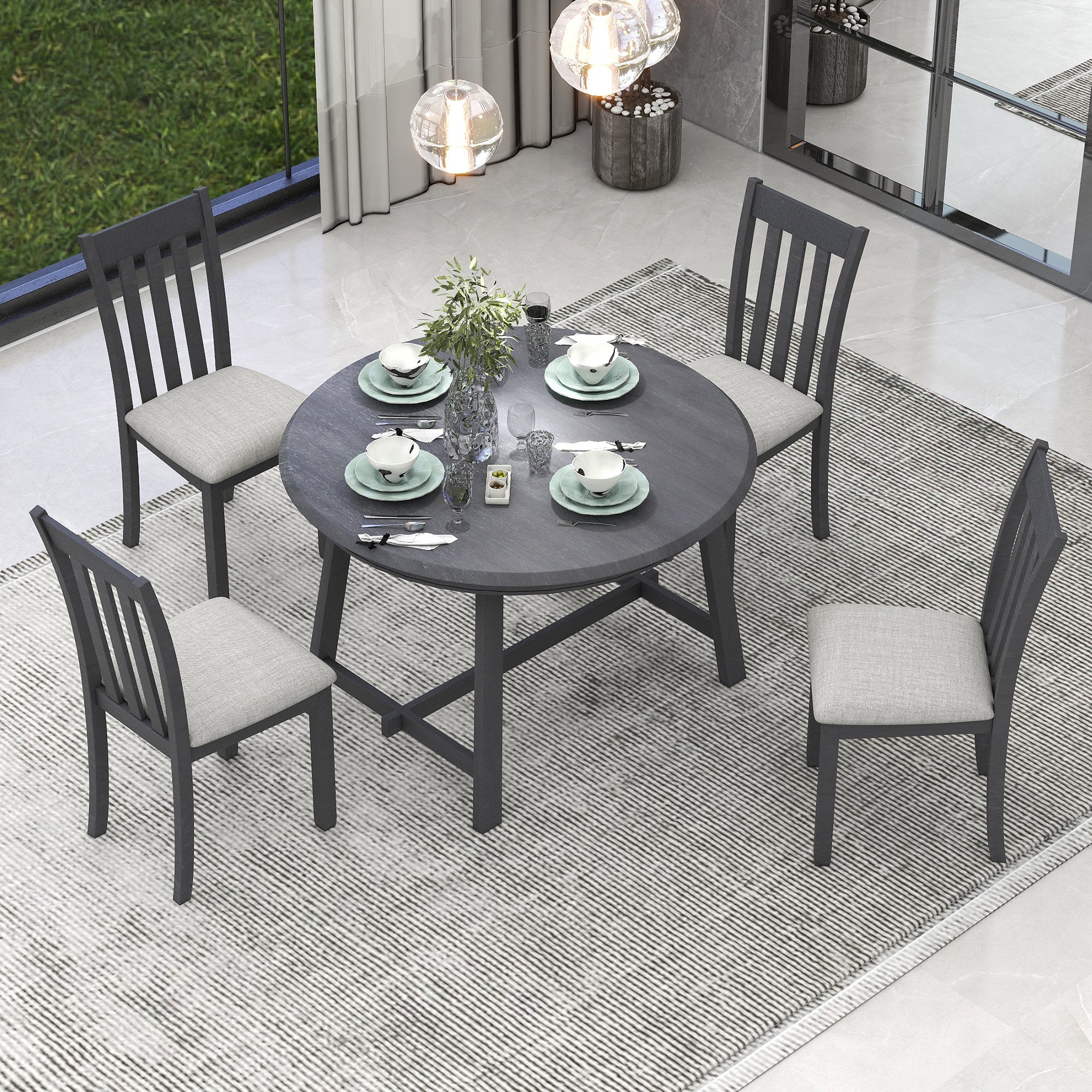 5-Piece Round Extendable Dining Table Set (Gray)