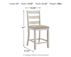 White barstool with slatted back and padded seat with size guide