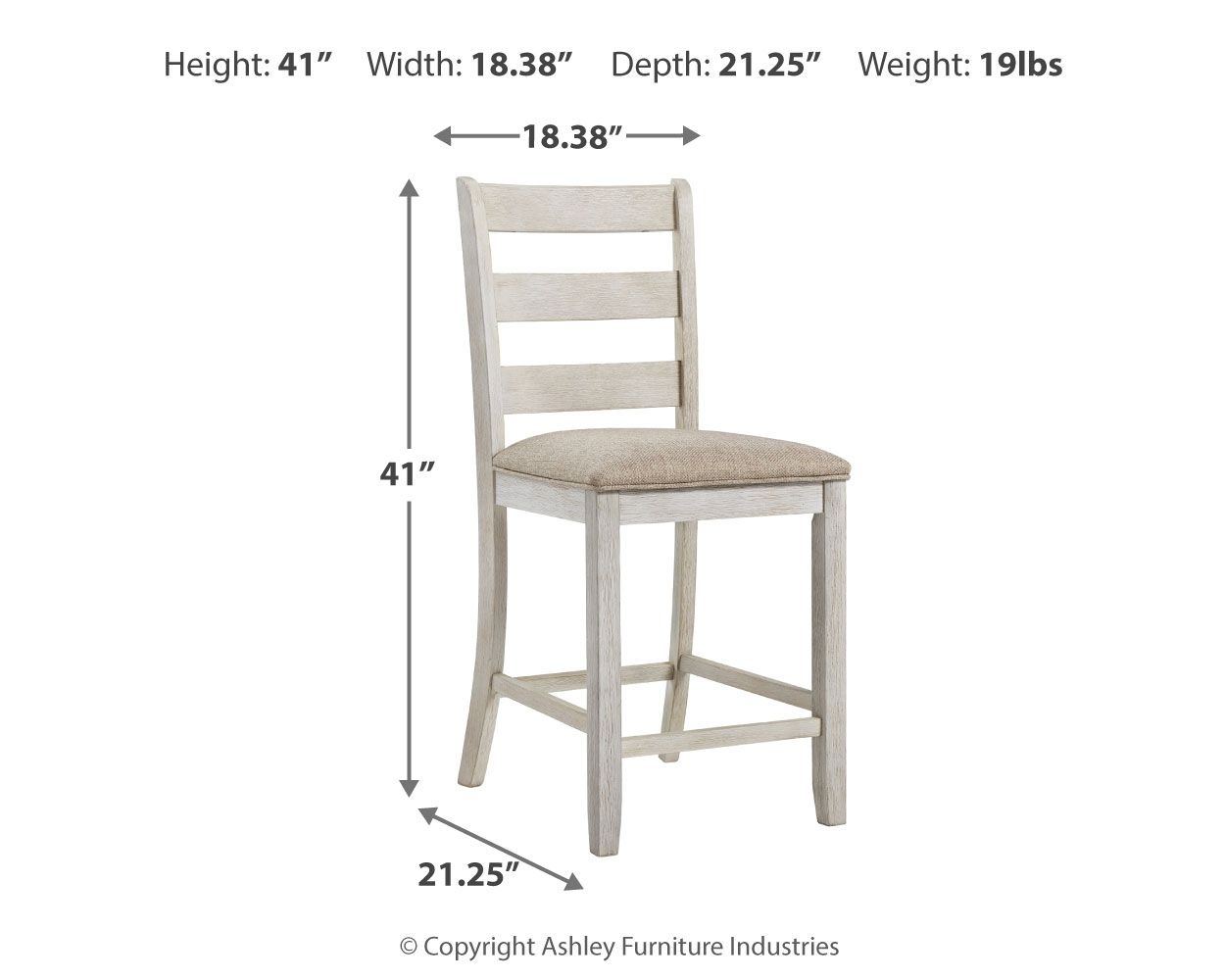 White barstool with slatted back and padded seat with size guide