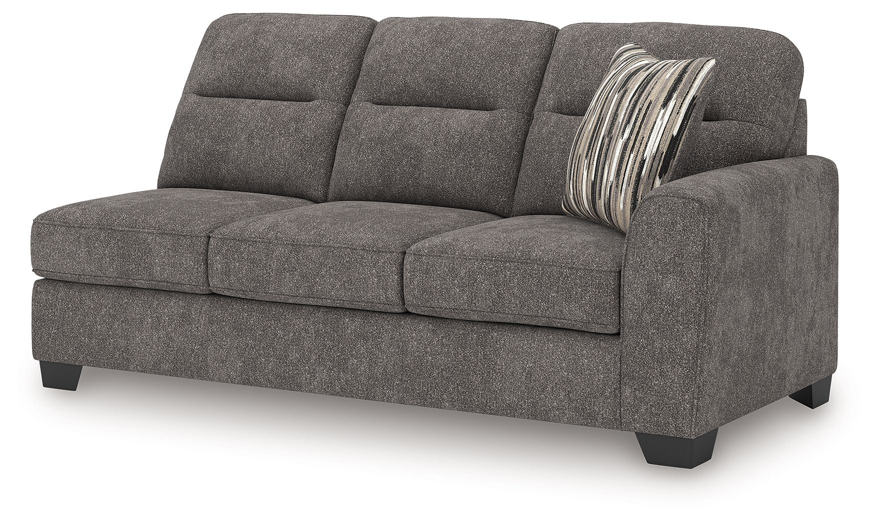 Graphite gray fabric sofa with three back cushions and striped throw pillow