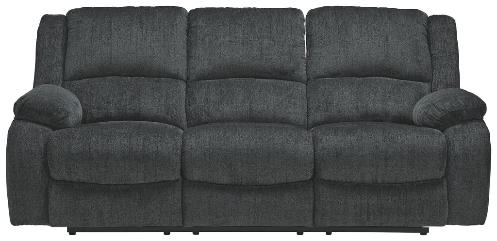 Draycoll reclining sofa in slate, tufted back and seat cushions with padded track arms