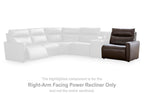 Right-arm facing power recliner component in dark chocolate on a sectional layout