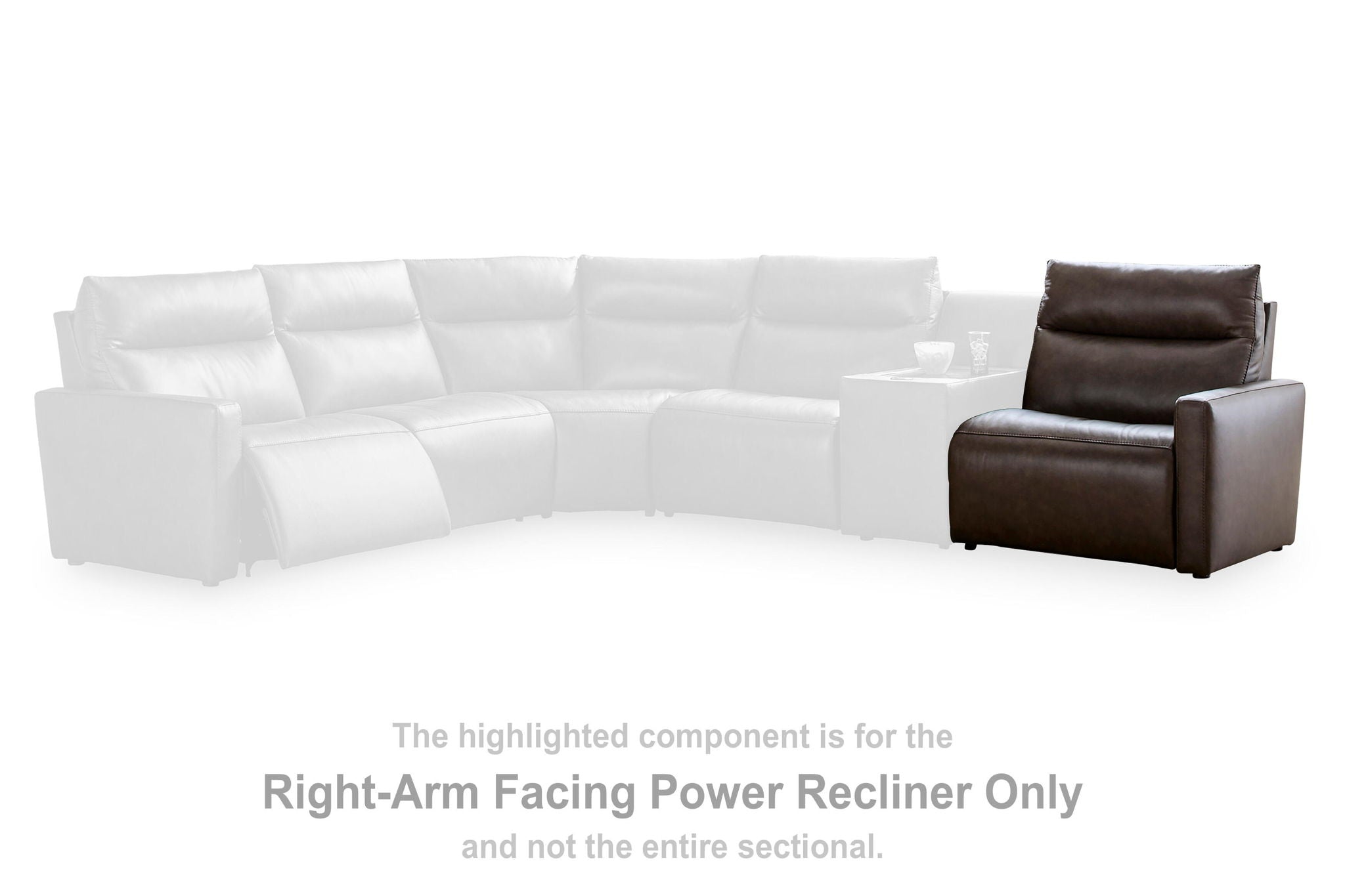 Right-arm facing power recliner component in dark chocolate on a sectional layout