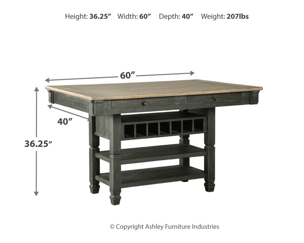 Rectangular dining counter table with black frame, wood top, and storage shelves