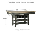Rectangular dining counter table with black frame, wood top, and storage shelves