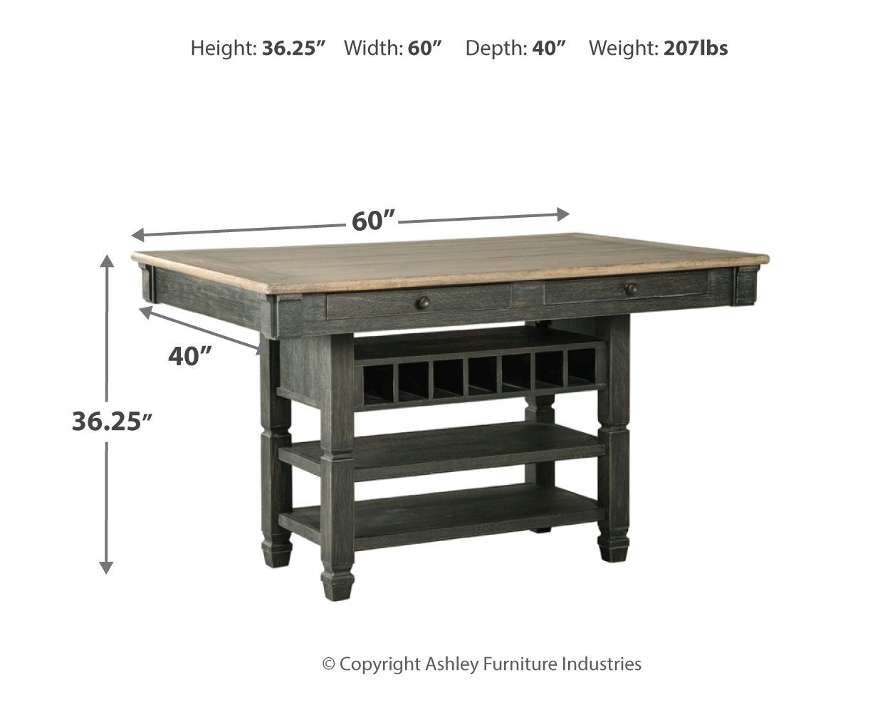Rectangular dining counter table with black frame, wood top, and storage shelves