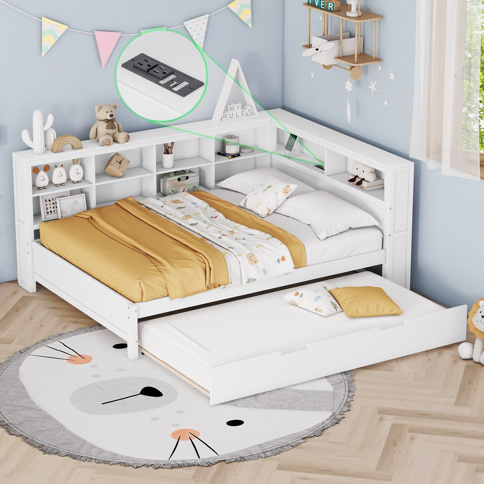 White Wooden Daybed with Trundle & USB