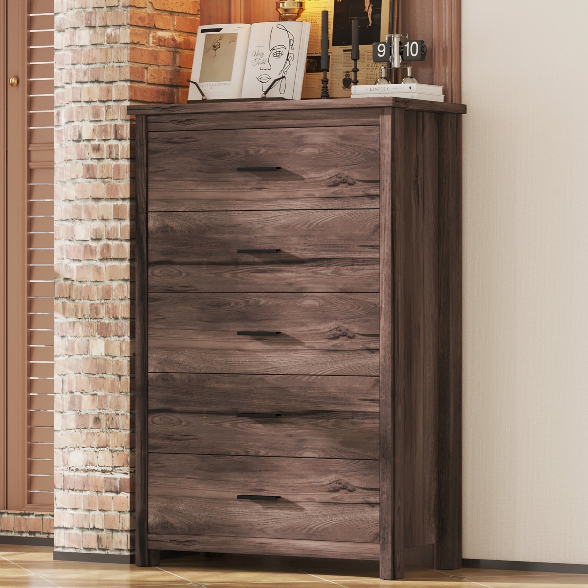 Retro Wooden 5-Drawer Dresser - Dark Walnut Bedroom Cabinet
