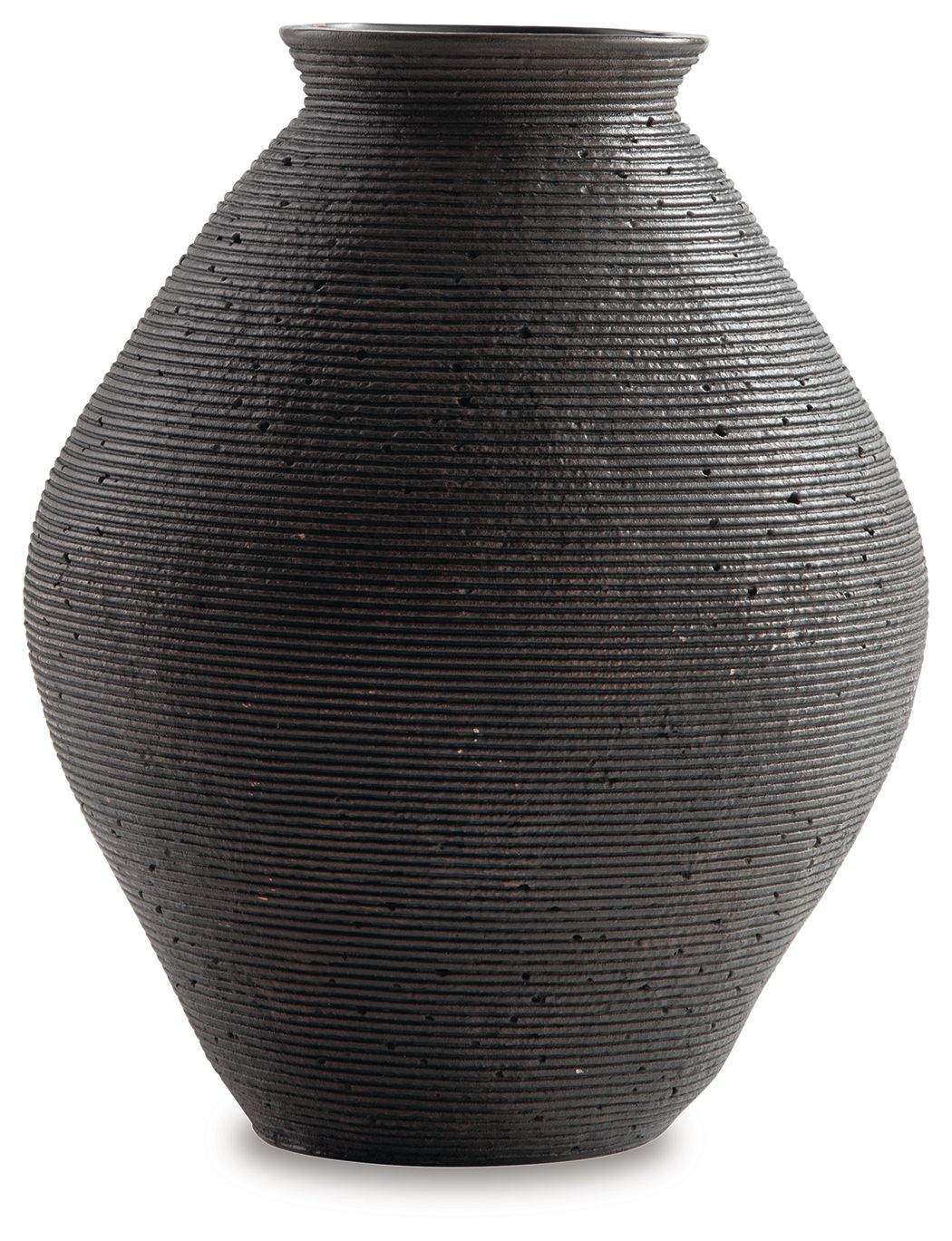 Dark ribbed vase with wide rounded belly and short flared neck