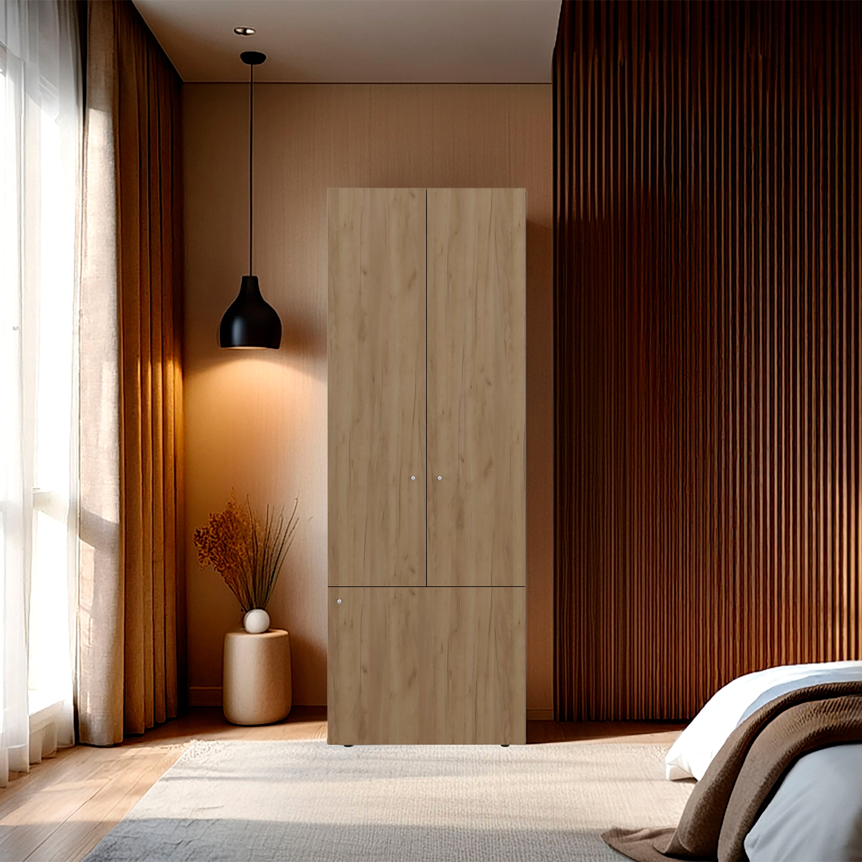 Armoire 66.9"H 3-Door 3-Shelf Oak/White Bedroom Wardrobe