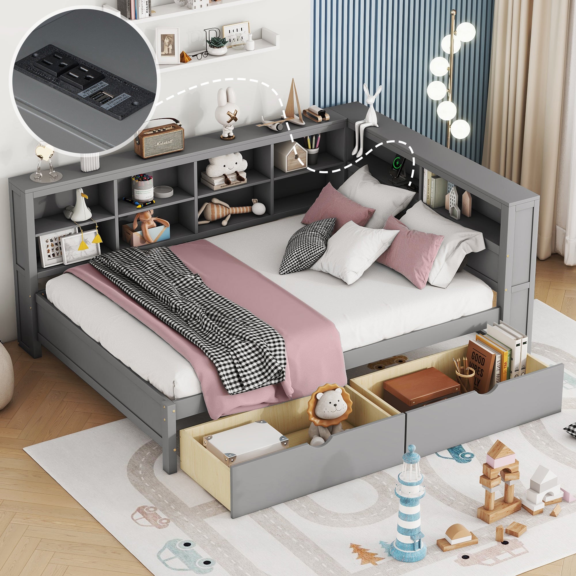 Grey Full Size Wooden Daybed w/ 2 Drawers, Shelf, USB Ports