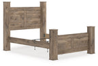 Light brown poster bed frame with slatted headboard and footboard, no mattress