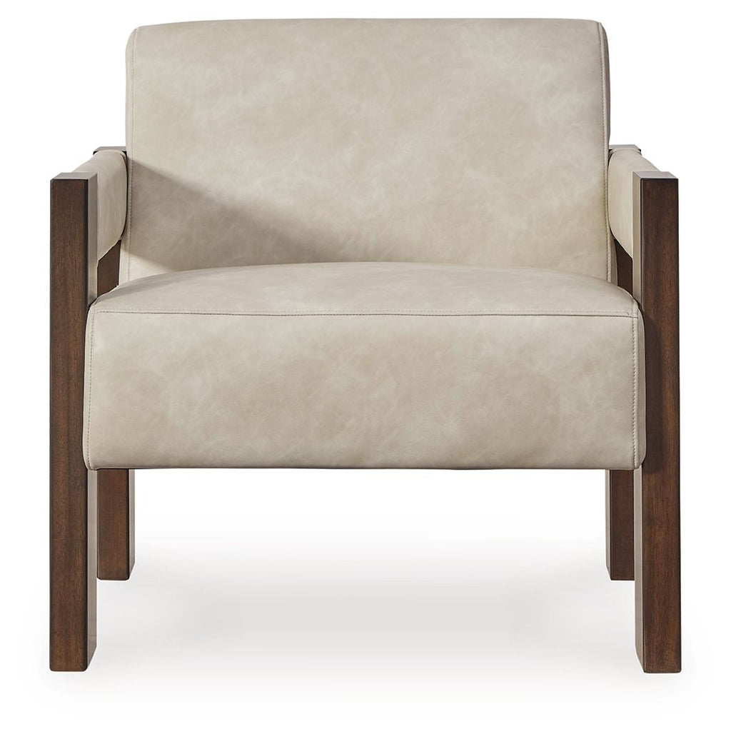 Beige accent chair with dark wood arms and cushioned back and seat