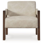 Beige accent chair with dark wood arms and cushioned back and seat