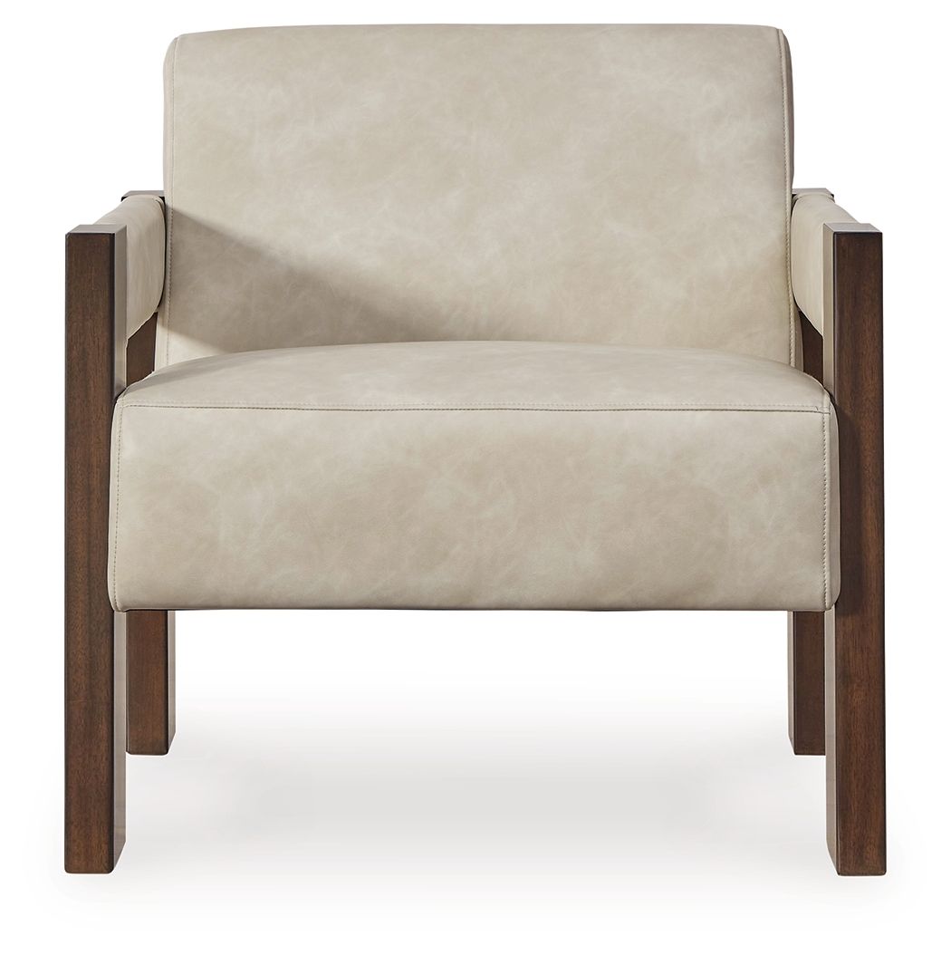 Beige accent chair with dark wood arms and cushioned back and seat