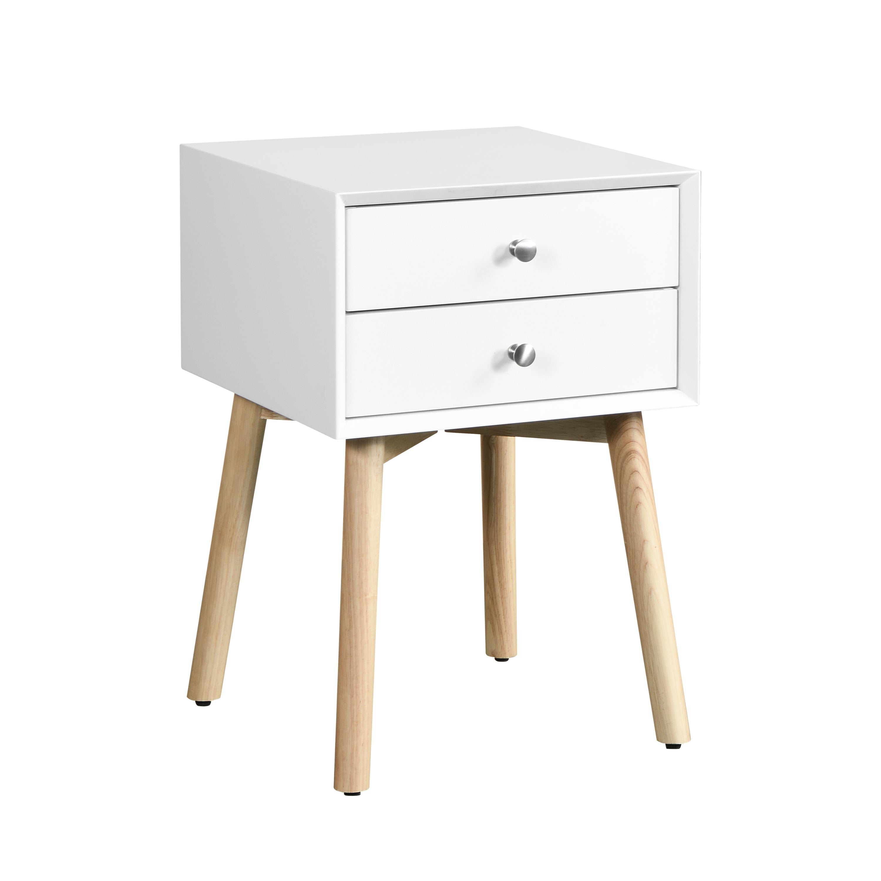 Mid-Century Modern White Side Table, 2 Drawers, Rubber Wood Legs