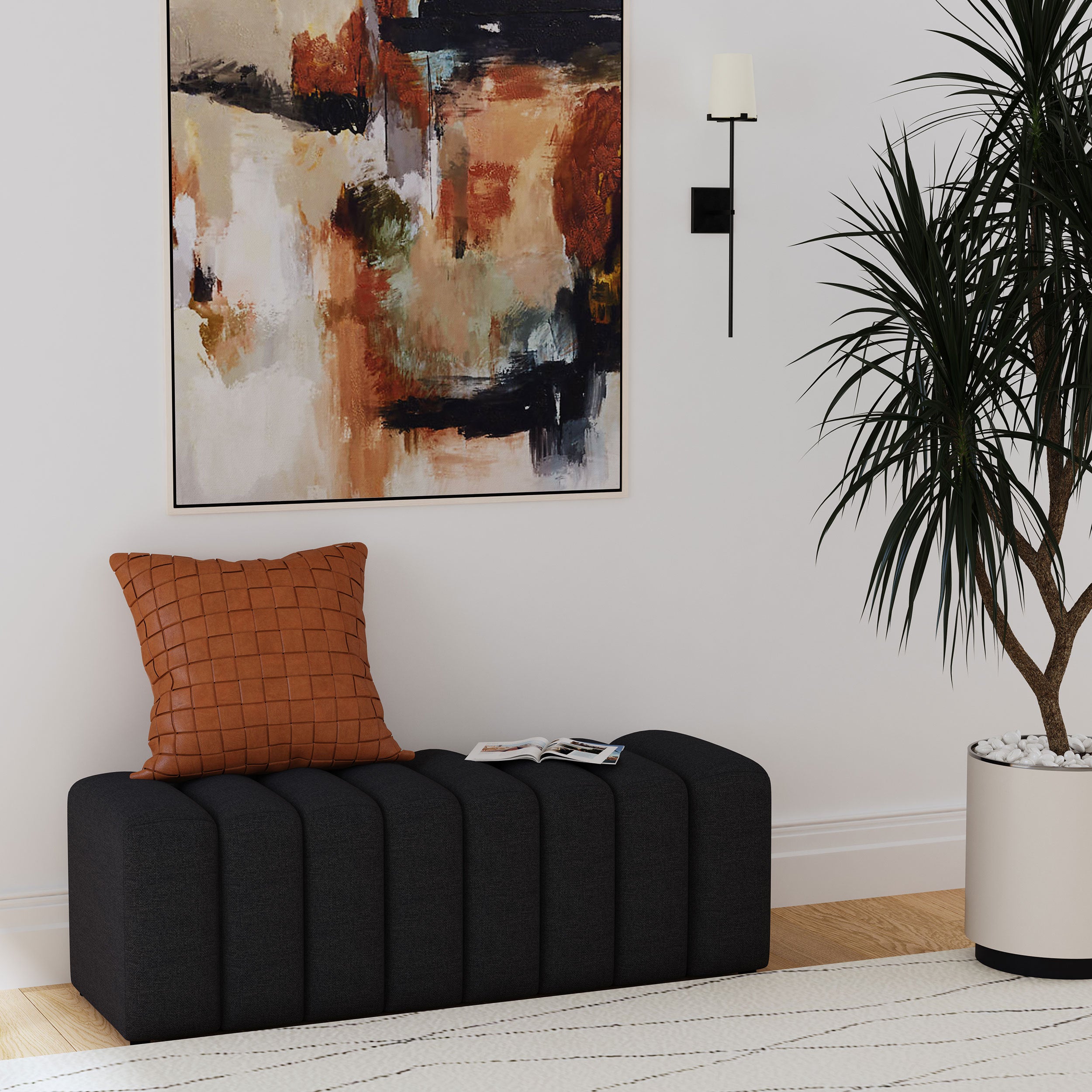 DelSur Charcoal Fabric Upholstered Tufted Accent Bench Home