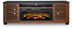 Dark brown TV stand with fireplace insert and two slatted cabinet doors