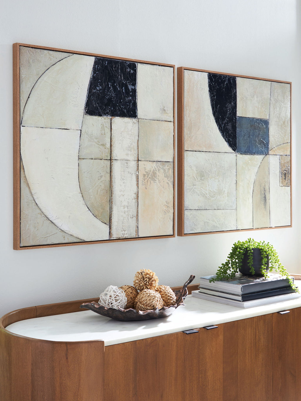 Wall art set of 2 framed abstract prints with tan, taupe, and black geometric shapes