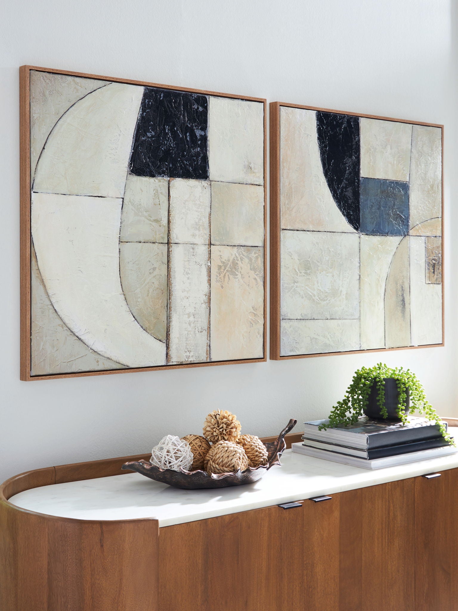 Wall art set of 2 framed abstract prints with tan, taupe, and black geometric shapes