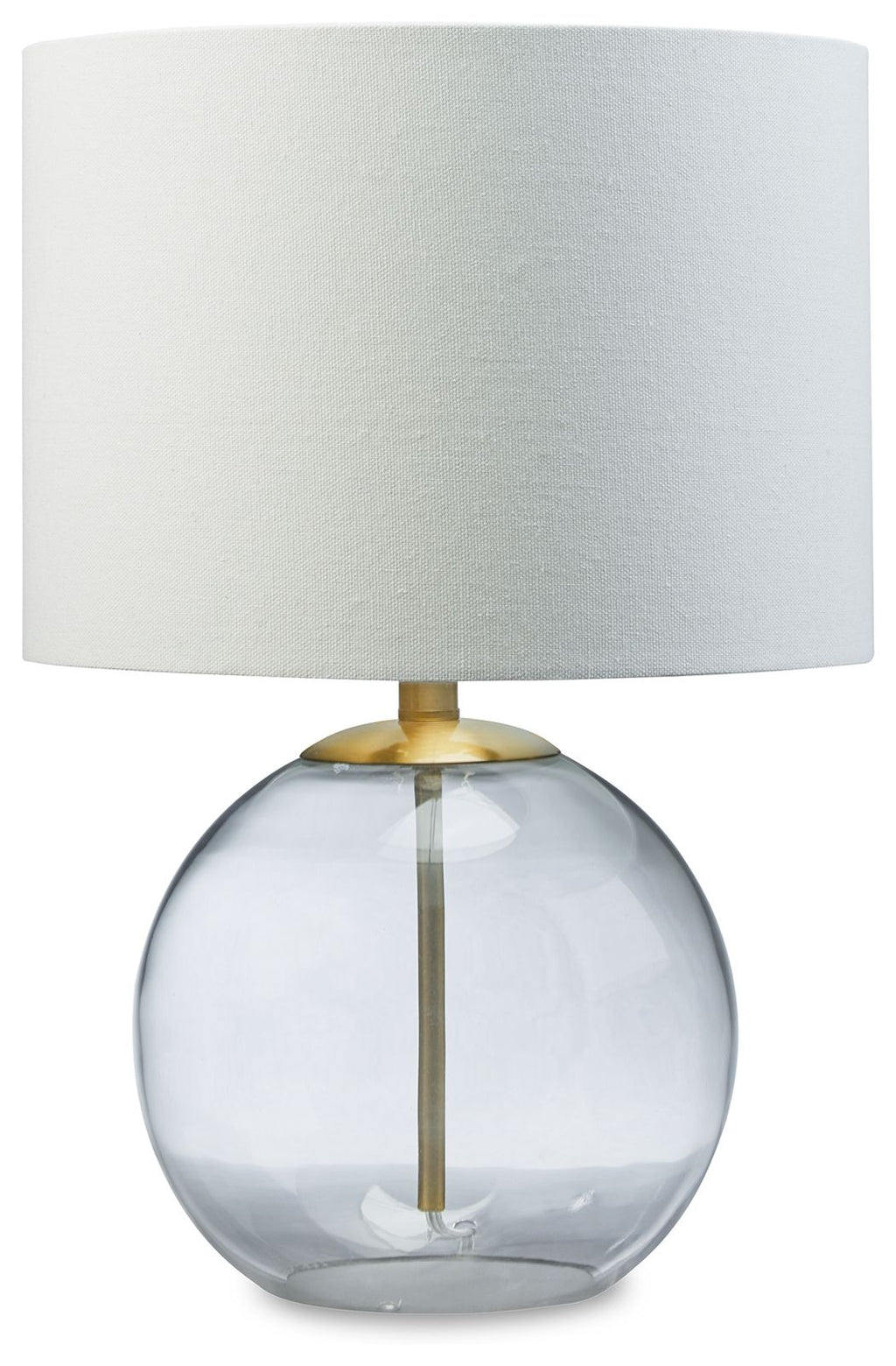Glass table lamp with white fabric shade and clear glass globe base with brass stem