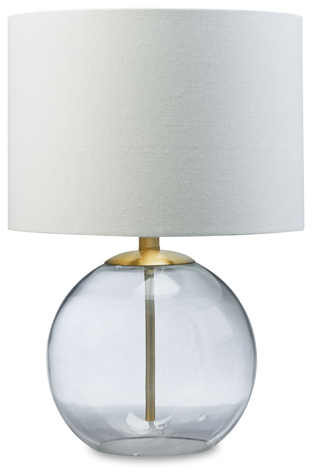 Glass table lamp with white fabric shade and clear glass globe base with brass stem