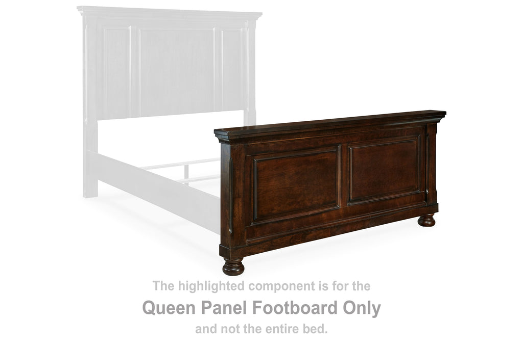 Queen panel footboard, rustic brown, side view with double doors panels and turned feet