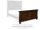 Queen panel footboard, rustic brown, side view with double doors panels and turned feet