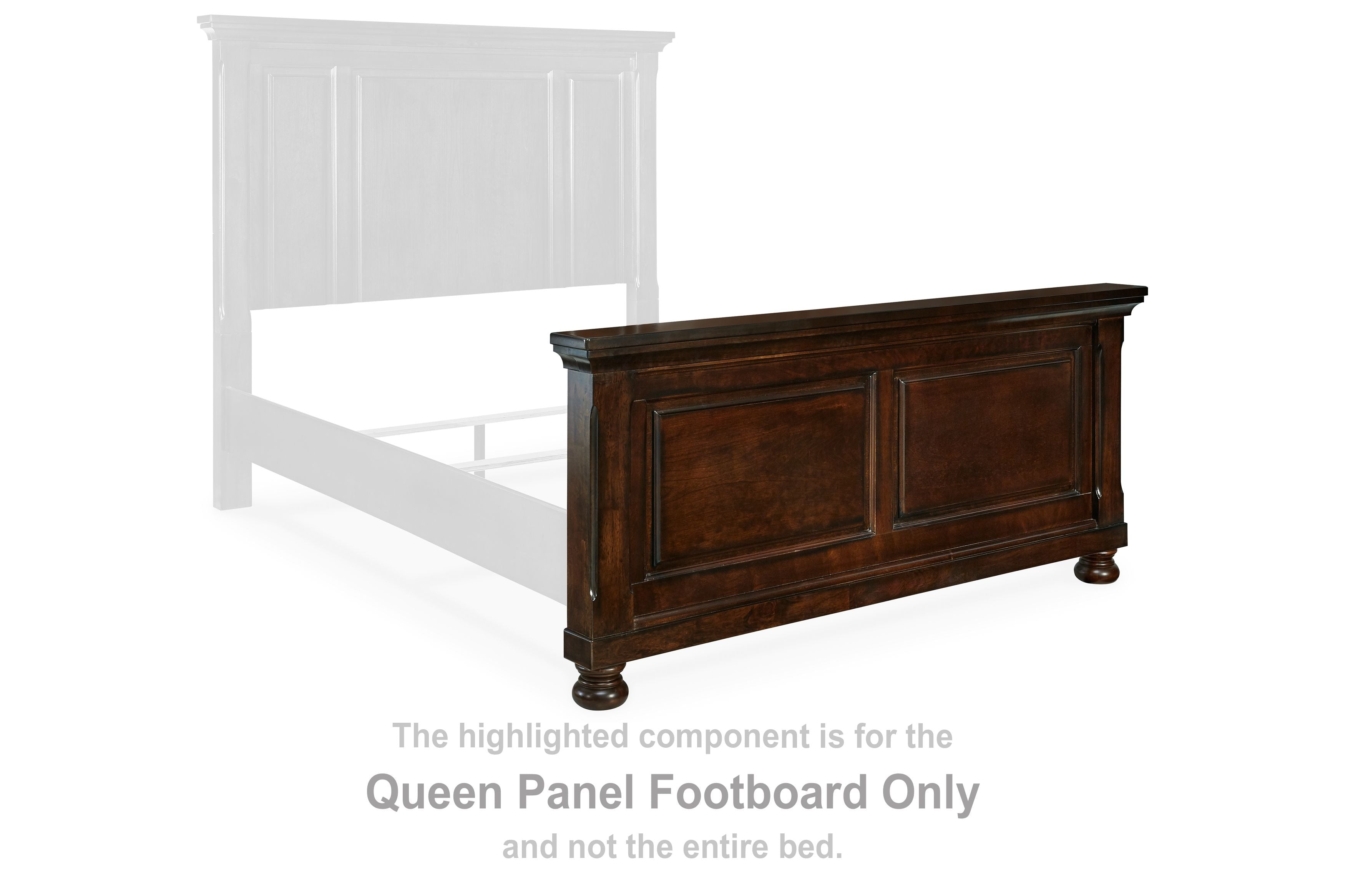 Queen panel footboard, rustic brown, side view with double doors panels and turned feet