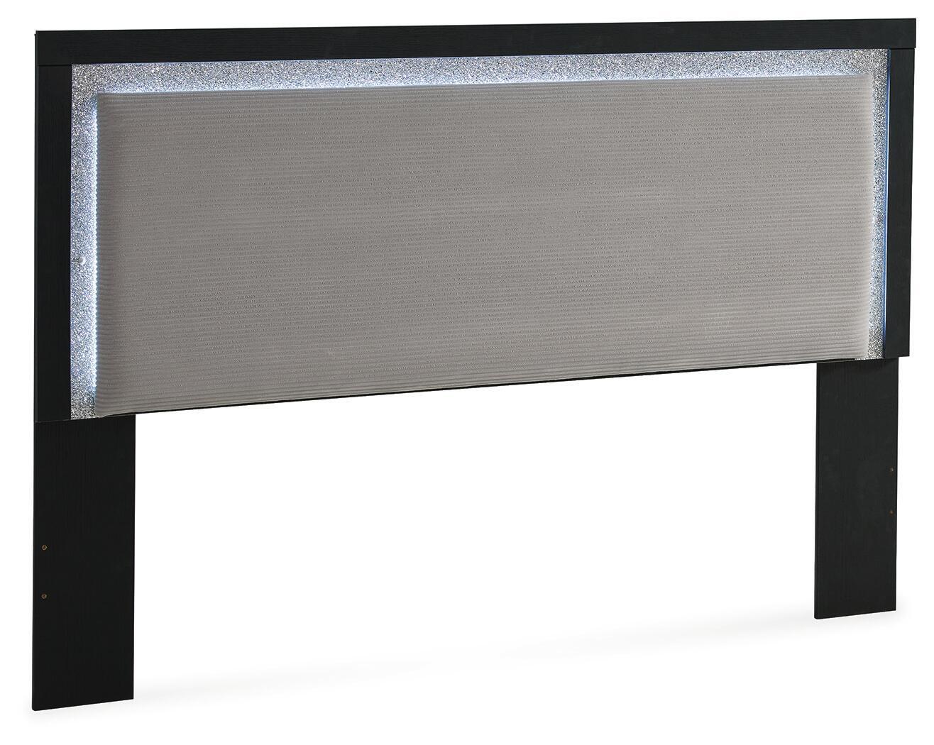 Light gray upholstered panel headboard with dark legs and textured center insert.
