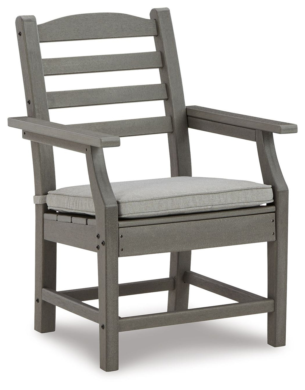 Gray arm chair with cushion, slatted back and arms, and padded seat