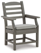 Gray arm chair with cushion, slatted back and arms, and padded seat