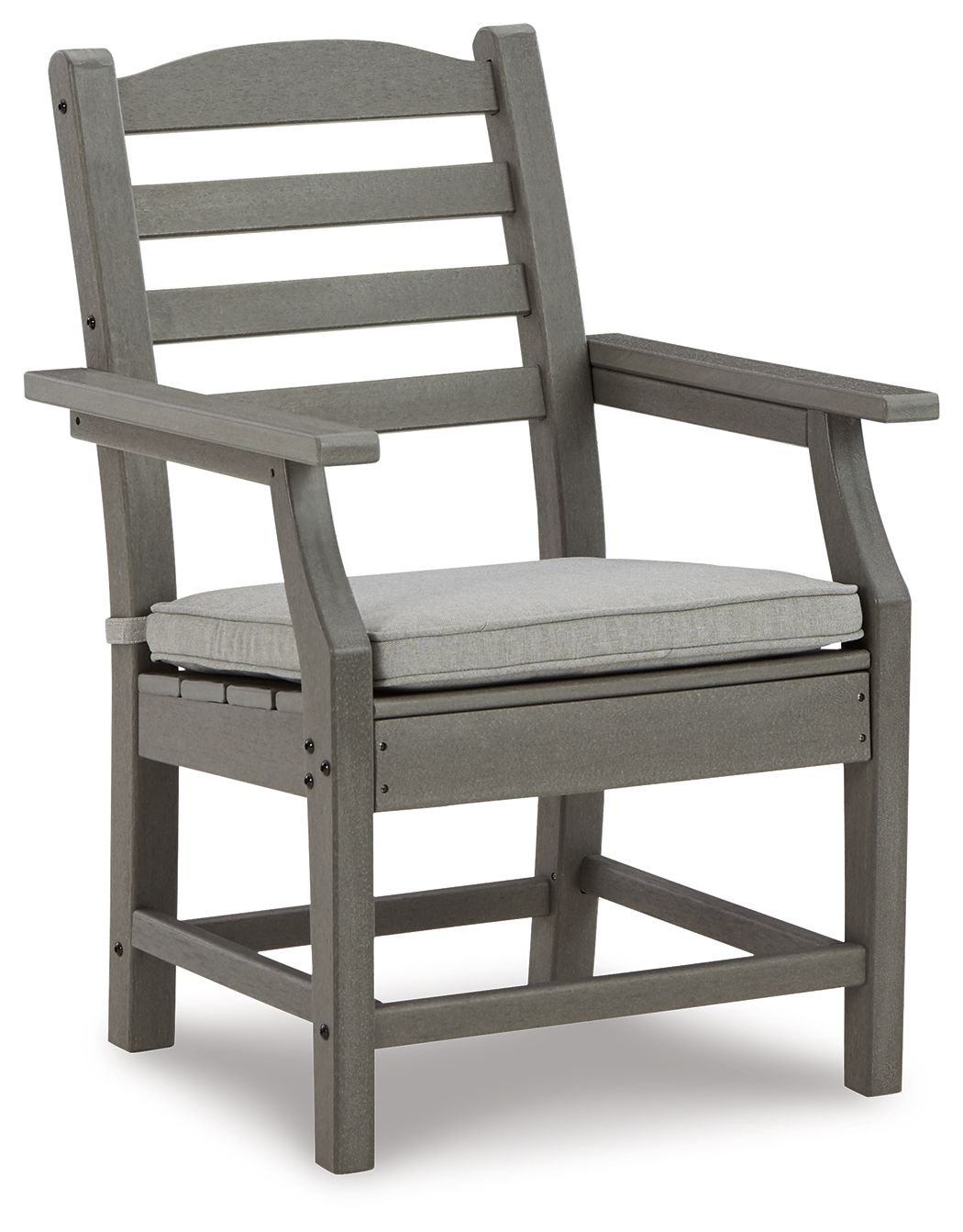 Gray arm chair with cushion, slatted back and arms, and padded seat