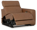 Caramel power recliner shown in reclined position with control panel on arm