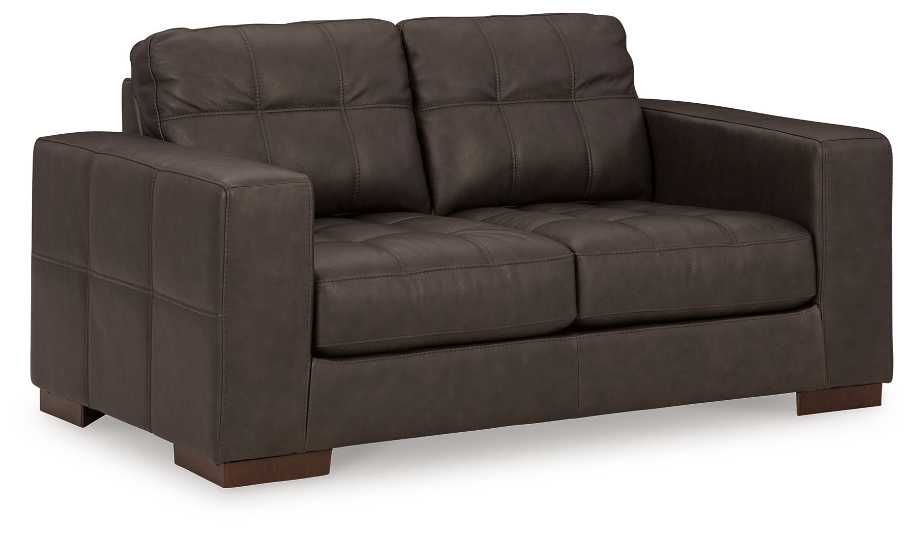 Dark brown loveseat with tufted back cushions and wide padded armrests