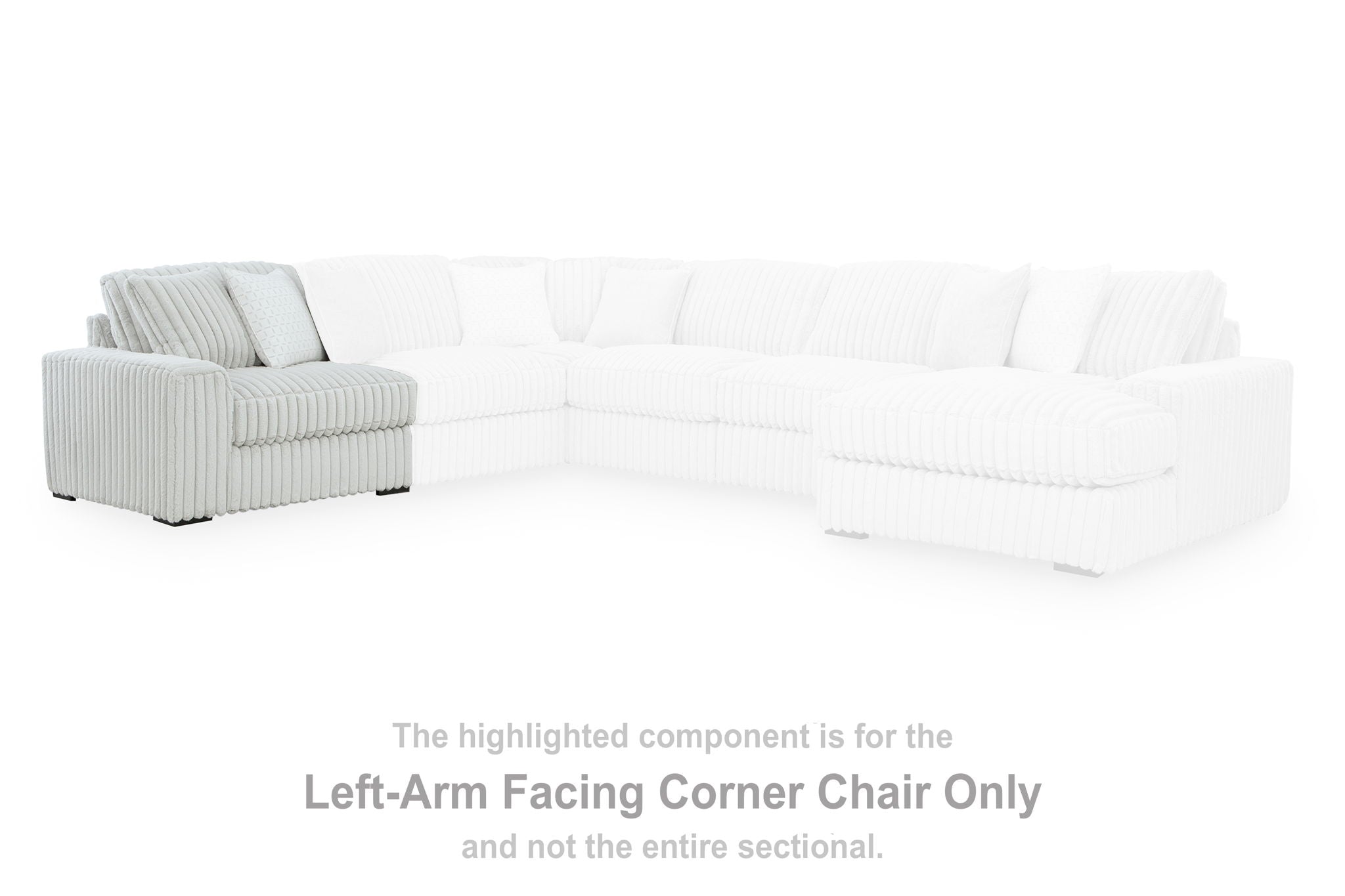 Sectional corner chair with ribbed light-gray upholstery in L-shaped layout with seat and back cushions