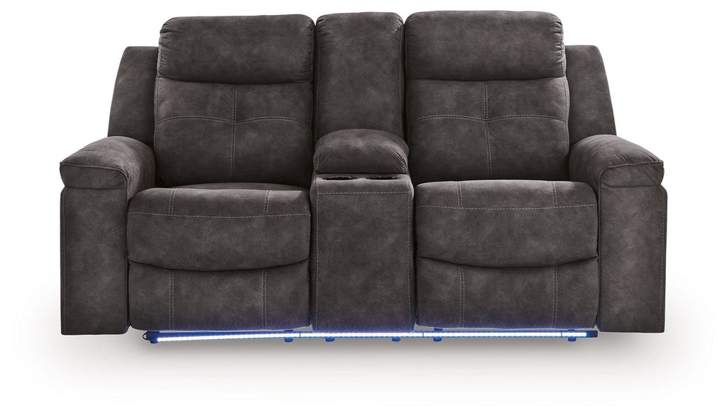 Charcoal double reclining loveseat, front view with reclining seats and console