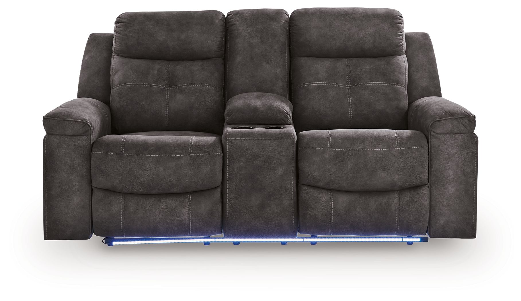 Charcoal double reclining loveseat, front view with reclining seats and console