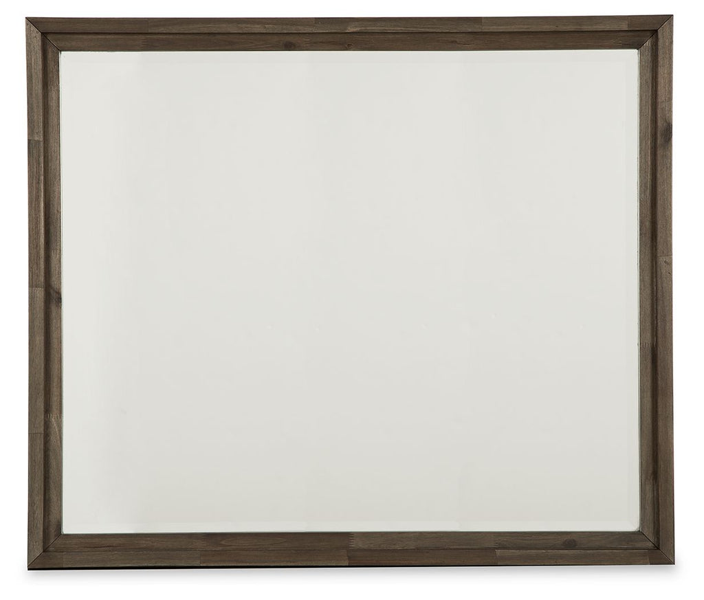Rectangular bedroom mirror with grayish-brown wooden frame and clear reflective surface
