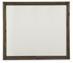 Rectangular bedroom mirror with grayish-brown wooden frame and clear reflective surface