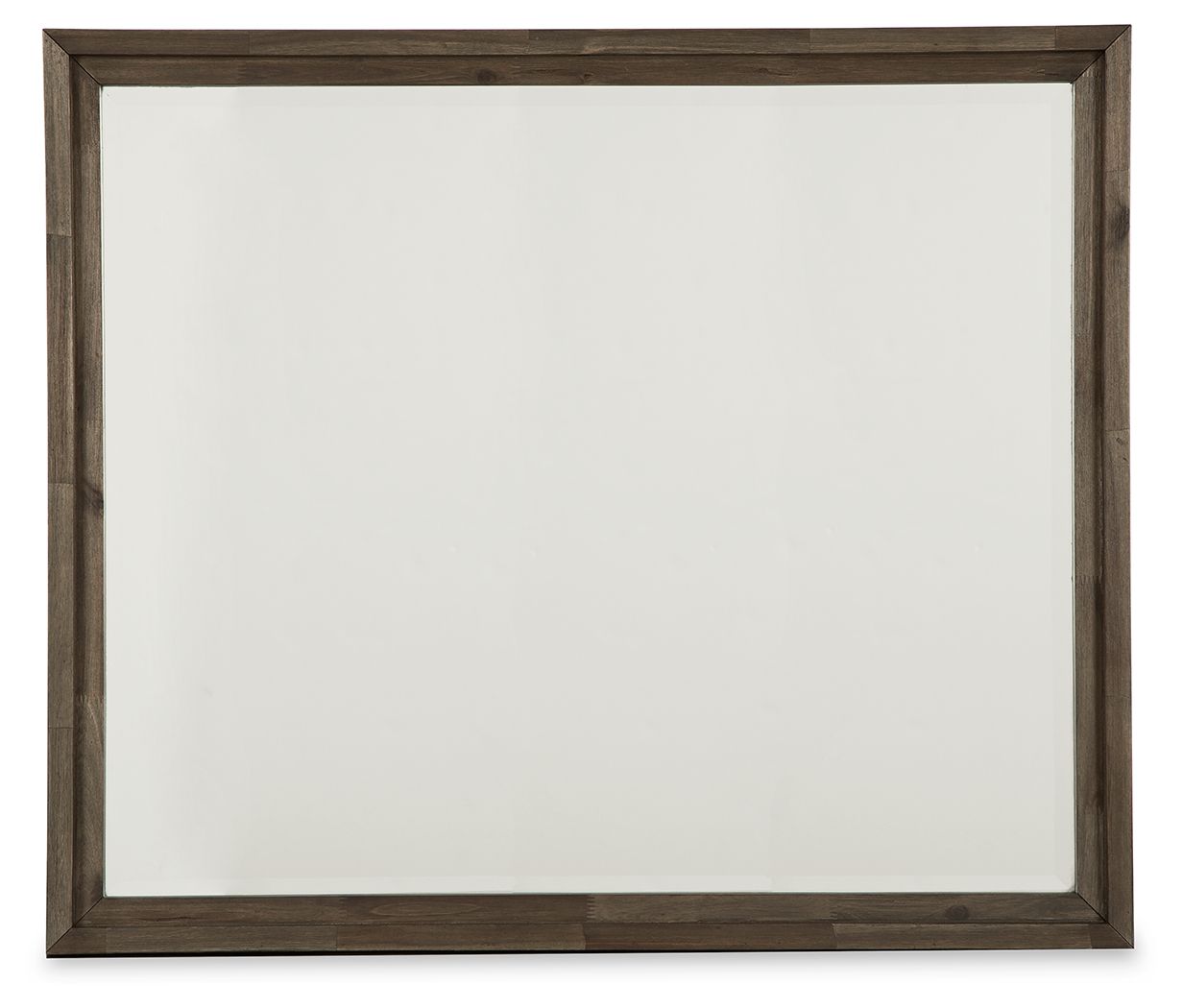 Rectangular bedroom mirror with grayish-brown wooden frame and clear reflective surface