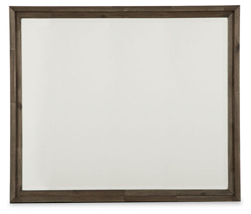 Rectangular bedroom mirror with grayish-brown wooden frame and clear reflective surface