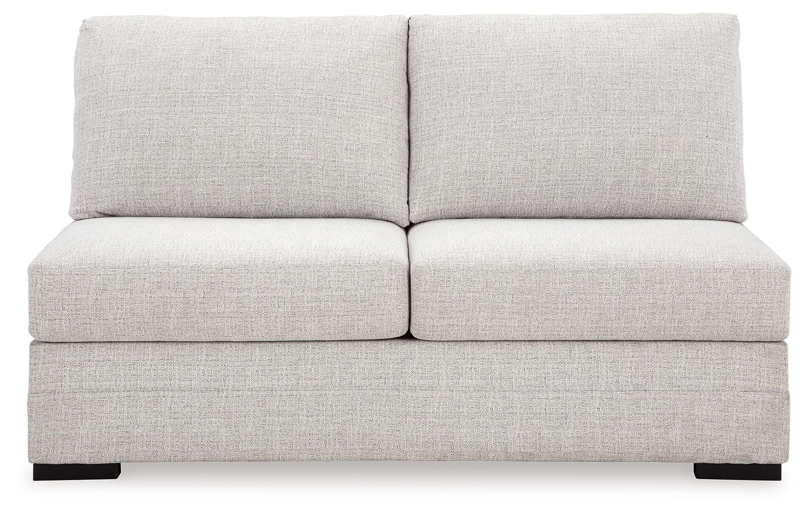 Light gray armless loveseat with wide back cushions and boxed seat design