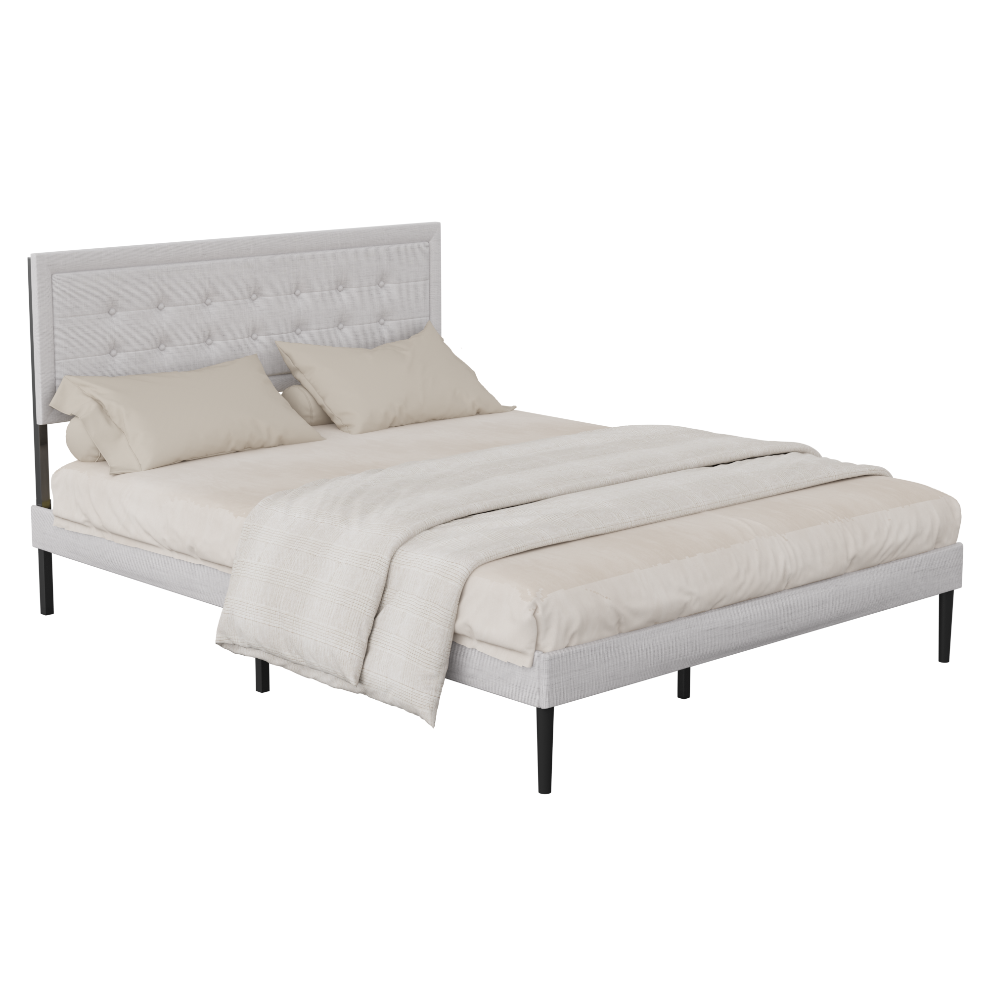 Grey Queen Iron Platform Bed Frame | Wood Slats & Upholstered Headboard