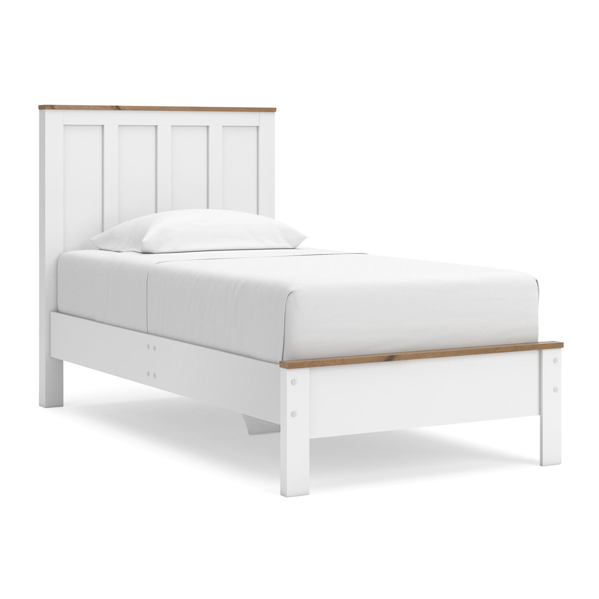 White panel bed frame with upholstered headboard and wooden accent rails