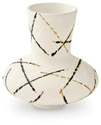 Cream ceramic vase with geometric linework in black and brown, flared shoulder.
