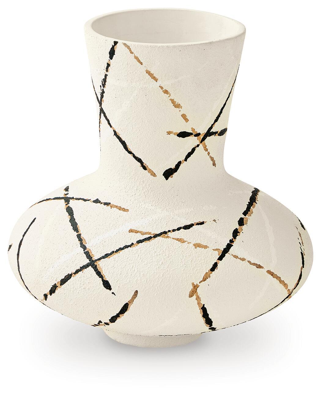 Cream ceramic vase with geometric linework in black and brown, flared shoulder.