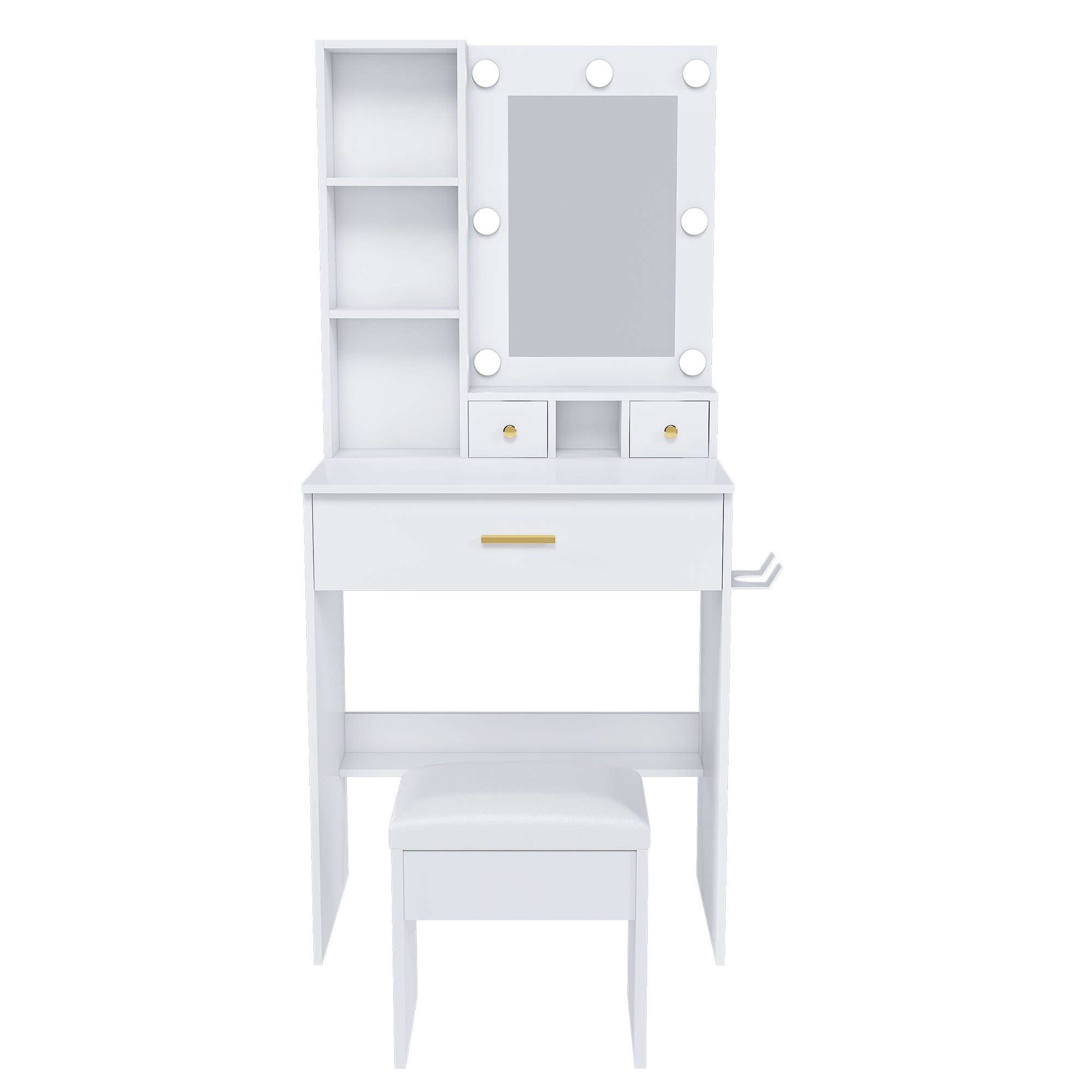 White Vanity Table w/ Mirror, LED, Outlet, Holder & Stool - Compact